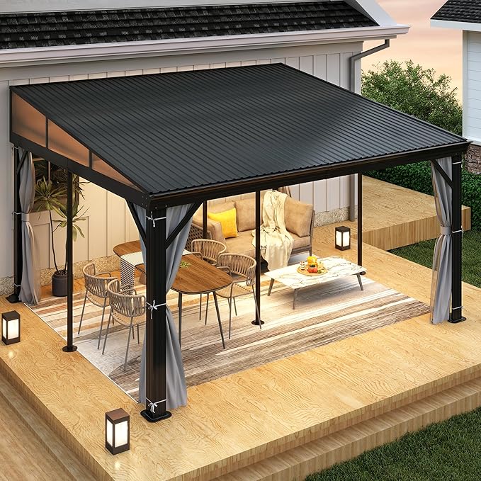 12' x 14' Hardtop Wall Mounted Gazebo, Lean to Gazebo with Galvanized Steel Roof Aluminum Frame Wall Gazebos Pergola with Netting&Curtains for Outdoor, Backyard, Patio