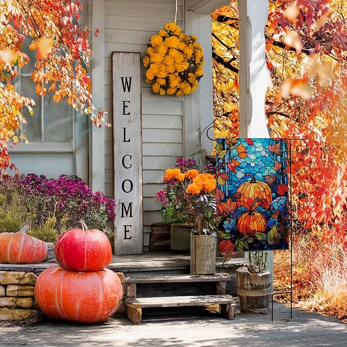 Garden Flags, Garden Flag, Stained Glass Style Pumpkin Maple Leaf Double-Sided Flags for Farmhouse Yard Outdoor Decoration-12 x 18inch (Pumpkin)