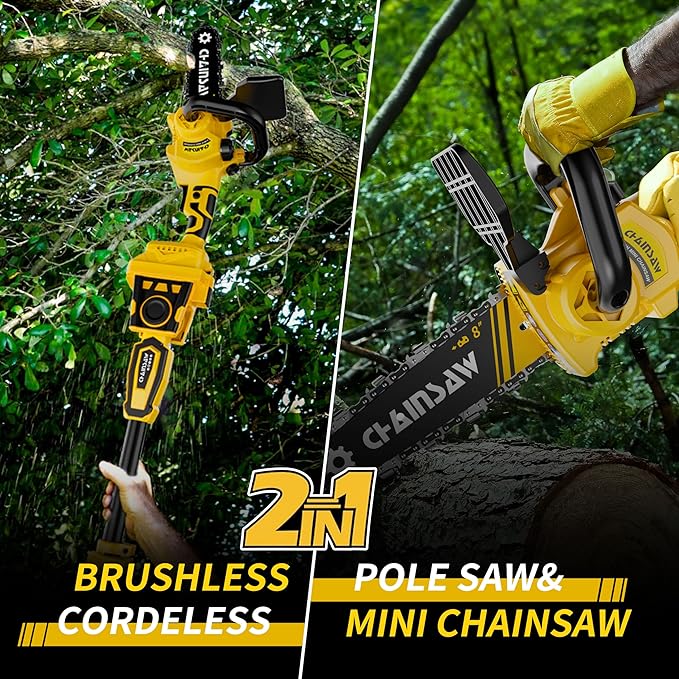 2-in-1 Cordless Pole Saw, 8 Inch Brushless Pole Chainsaws Compatibility with Dewalt 20V MAX Battery(No Battery), 8 lb Lightweight, Auto Oiling, 14.8 FT MAX Extension Pole Saws for Tree Trimming
