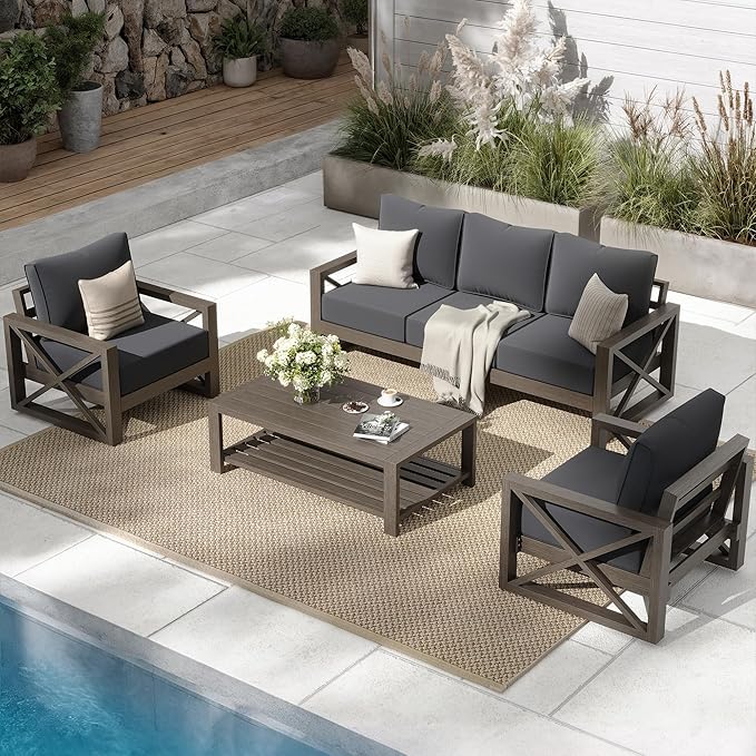 UDPATIO 4 Piece Faux Wood Aluminum Patio Furniture Set Modern Outdoor Furniture Sets with Coffee Table for Deck Porch Patio, 600D Waterproof Cover Included, Dark Grey