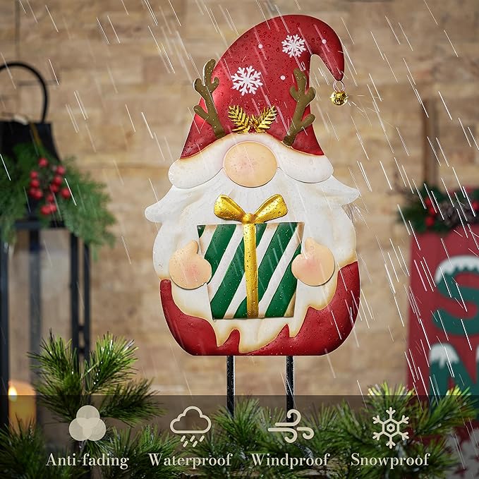 TERESA'S COLLECTIONS Gnome Christmas Decorations,Metal Red White Santa Holding Gifts,Christmas Gnome Statue for Garden Indoor Outdoor,Decorative Yard Art Signs for Lawn Xmas New Year Winter Decor,24"