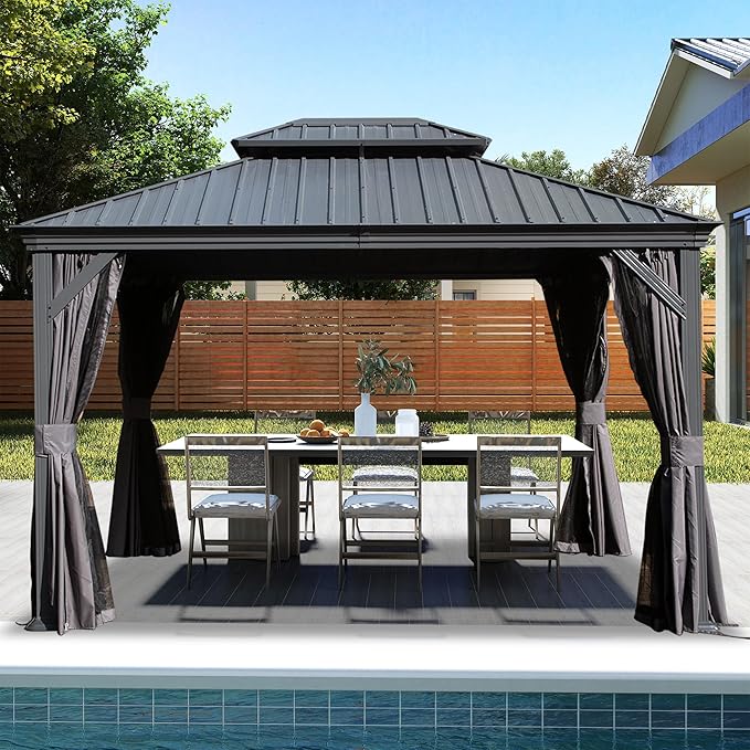 Domi 10x13FT Outdoor Gazebo, Hardtop Gazebo with Galvanized Steel Double Roof, Metal Gazebos with Drainage System Patio Pergola for Patio Deck Backyard,Curtain and Netting,Gray