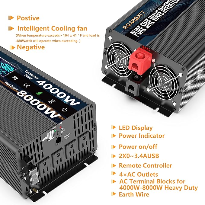 Pure Sine Wave Power Inverters 4000W 12V DC to AC 110V 120V Peak 8000W with Remote Control 4 Outlets,Dual USB Port,LED Display Terminal Blocks for Inverter Truck RV Car Solar System