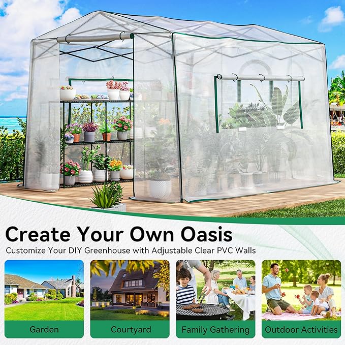 Joyside 12 x 8 FT Outdoor Pop up Greenhouse with Adjutable Reinforced Frame, Durable PE Cover and Mesh Windows, Portable Greenhouse for All Seasons, Easy Set Up (White, 12 x 8 FT)