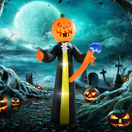 10ft Inflatable Halloween Decoration Pumpkin Head Ghost with Hammer, Waterproof Outdoor Decorations, Blow Up LED Yard Decor for Garden, Lawn, Party, Holiday