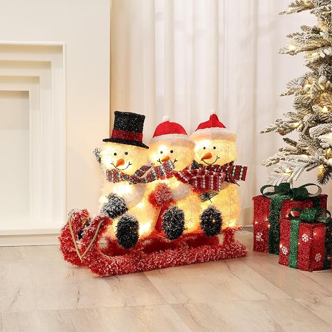LuxenHome 30" H Lighted Snowman Outdoor Christmas Decorations, Prelit Frosted Snowman Family Trio on Sled Christmas Decor, Illuminated Christmas Decorations Outdoor and Indoor for Yard, Lawn, Porch