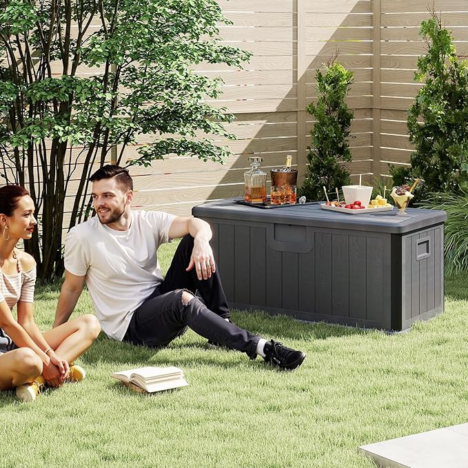 HAPPYGRILL Outdoor Storage Deck Box with Lockable Design & Gas Strut, Handle, 100 Gallon HDPE Patio Storage Organizer for Lawn Backyard Poolside (Gray)