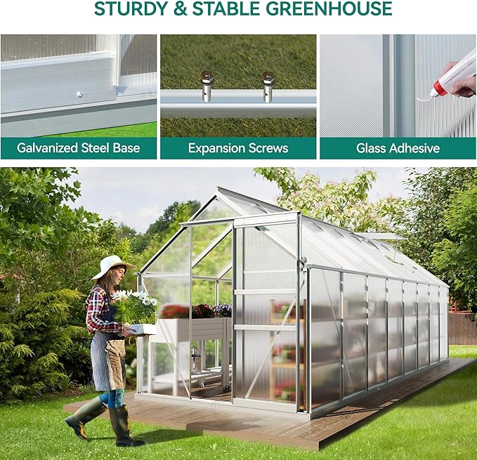 YITAHOME 6x16FT Polycarbonate Greenhouse Large Heavy Duty Green Houses Outdoor Aluminum Greenhouses with Sliding Doors Vent Window Walk-in Greenhouse for Garden Backyard, Silver
