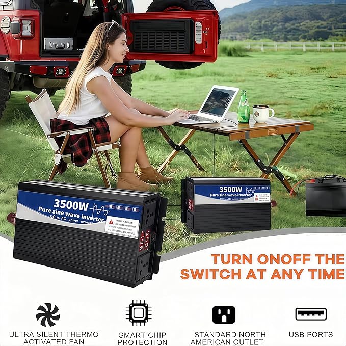 3500 Watt Power Inverter 12V DC to 110V AC Converter, RV Inverter, LED Display with 2 AC Outlets Dual Fans Radiating, for RV, Camp and Home, Electric Tool Pure Sine Wave Inverter (110V, 3500W 12V)