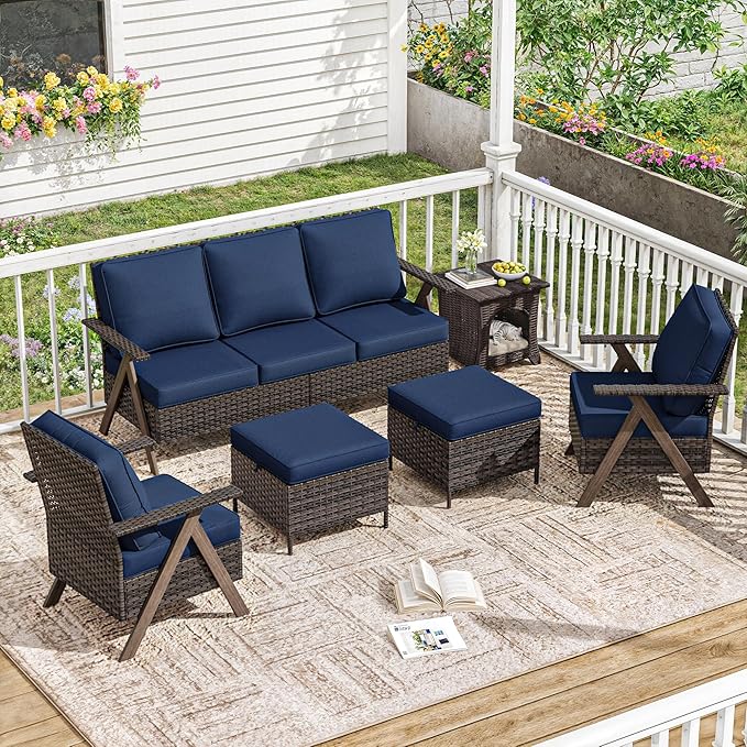 6 Piece Patio Furniture Set, Wicker Patio Conversation Set with Patio Chair and Outdoor 3-Seater Sofa and 2 Ottomans and Side Table for Deck Yard and Poolside