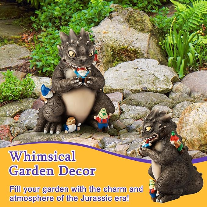 Garden Decor Statue, Dinosaur Eating Gnomes Garden Statues Outdoor Decor, Funny Monster Gnome Figurine Outside Clearance for Patio Yard Decorations