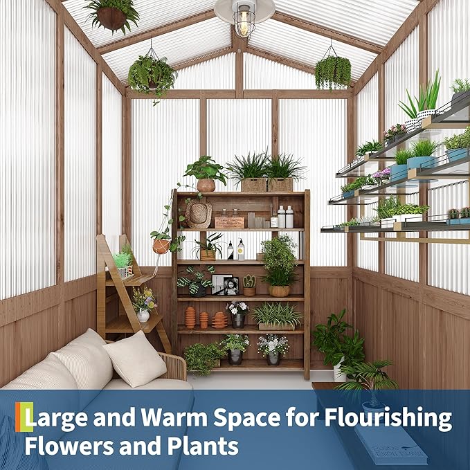 6x8FT Wooden Greenhouse with Cedar Frame, Outdoor Wood Greenhouses with Roof Vent, Wood and Polycarbonate Walk-in Greenhouse