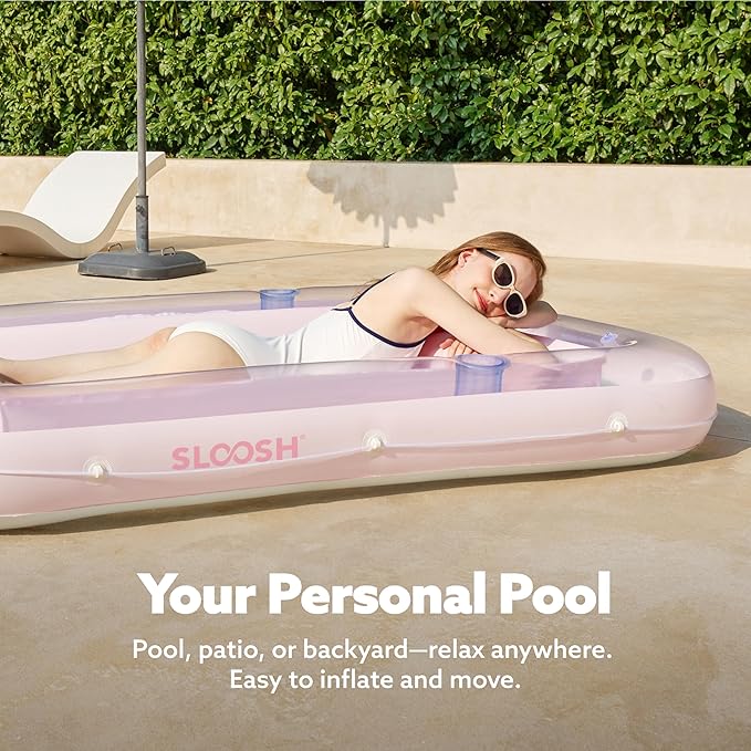 SLOOSH Inflatable Tanning Pool Lounger Float, 70" x 46" Pool Floats Adult with Pillow, 4 in 1 Suntan Tub Raft Floatie,Sunbathing Bed Lounge for Water Blow Up Kids Ball Pit Party Gifts, L-Cyan Pink