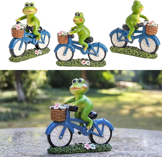 Garden Statues Outdoor Frog Decor Cute Frog Ride Bike Decorations for Outside Home Decor Frogs Figurines Gifts for Patio Yard Lawn Gardening Gift for Women (Green)