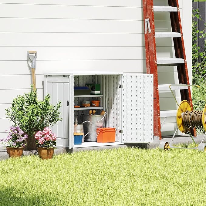 Heavy Duty Small Storage Cabinet Outdoor Weatherproof, 14 Cuft Garage Storage Cabinet with 2 Adjustable Shelves, Lockable Kitchen Pantry Closer Organizer, 31Wx23Lx34H, Polar White