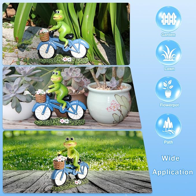 Garden Statues Outdoor Frog Decor Cute Frog Ride Bike Decorations for Outside Home Decor Frogs Figurines Gifts for Patio Yard Lawn Gardening Gift for Women (Green)