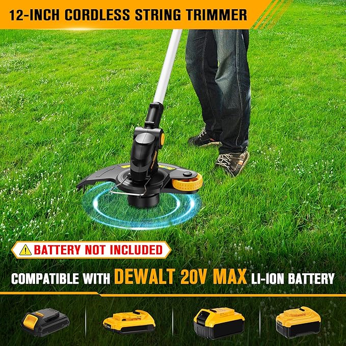 Cordless String Trimmer Compatible with Dewalt 20V MAX Battery, 12-Inch Weed Wacker Cordless Auto Line Feed,Electric Weed Eater Battery Powered Grass Trimmer w/6 Line Spools(Tool Only)