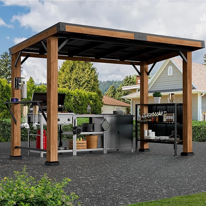 Modern Shade Woodberry Grill Gazebo 6' X 12', Cedar Wood Gazebo with Dual bar Tops & Shelves, Patio Pavilion with Galvanized Steel Roof, USB and USB-C Charging Ports for Patio, Garden