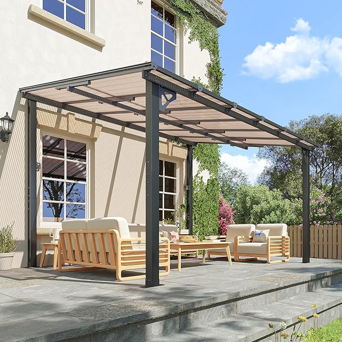 10x12FT Lean to Gazebo, Hardtop Metal Pergola with Polycarbonate Roof, Large Wall Mounted Heavy Duty Awnings, Patio Canopy for Backyard, Deck, Porch