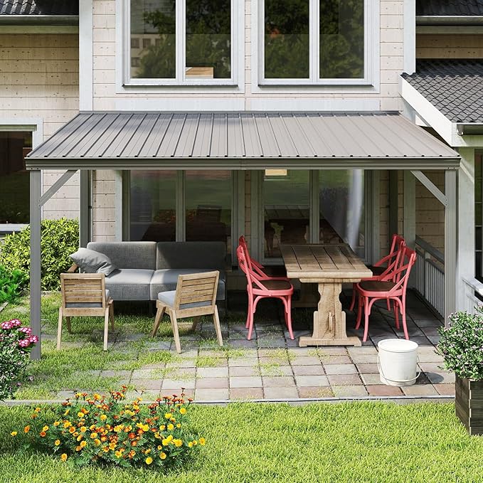 Domi 10’x14’ Wall-Mounted Hardtop Gazebo Pergola – Permanent Lean-to Outdoor Shelter with Sloped Galvanized Steel Roof & Upgraded Drainage – Grey Metal Patio Cover for Backyard, Deck, Garden