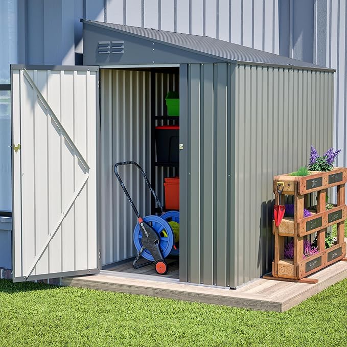 4×8 FT Outdoor Metal Storage Shed,Heavy-Duty Lean to Storage Shed with Lockable Door and Reinforced Beams,All Weather Waterproof Storage House W/2 Air Vents,for Backyard,Patio,Lawn,Gray