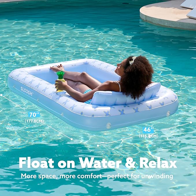 SLOOSH Inflatable Tanning Pool Lounger Float, 70" x 46" Pool Floats Adult with Pillow, 4 in 1 Suntan Tub Raft Floatie,Sunbathing Bed Lounge for Water Blow Up Ball Pit Party Gifts