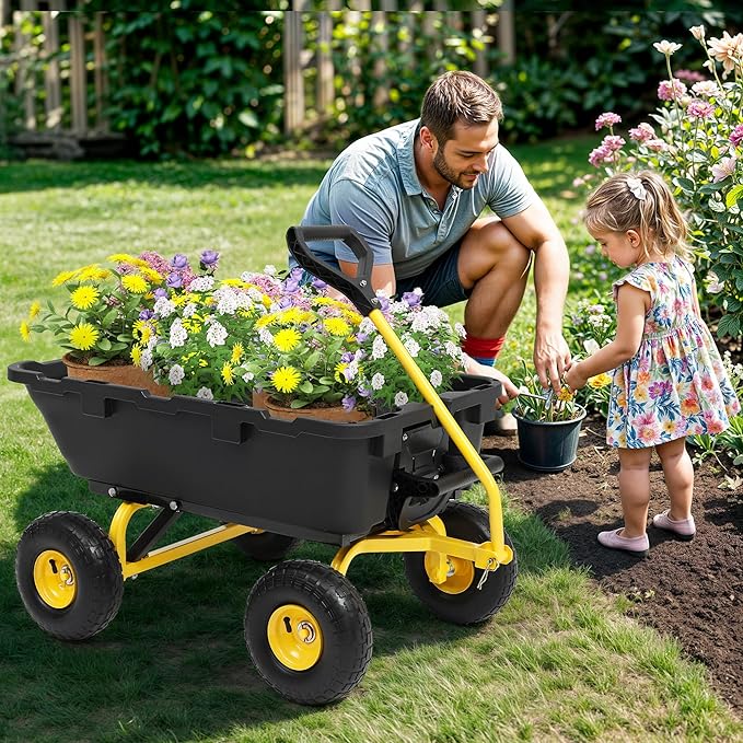 800lb Garden Dump Cart,Utility Wagon Wheelbarrows with Quick-Release System&4 Pneumatic Tires,Heavy Duty Yard Dump Wagon with Steel Frame for Yard,Farm,Garden and Christmas Hauling (Yellow)