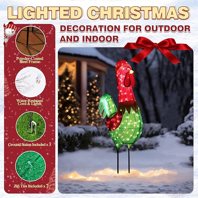 VEIKOU 6FT Christmas Decorations Outside Rooster, Outdoor 3D Light-up Chicken Hen Roster Christmas Decorations Outdoor for Yard Xmas Lawn Porch Holiday