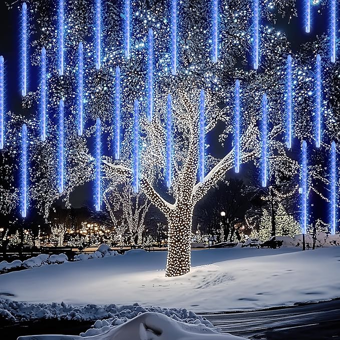FUNPENY Meteor Shower Rain Lights, 864 LED Christmas Lights Icicle Snow Falling Christmas Lights Outdoor Raindrop Lights, 30cm 24 Tubes Xmas Tree Holiday Decoration (Blue)