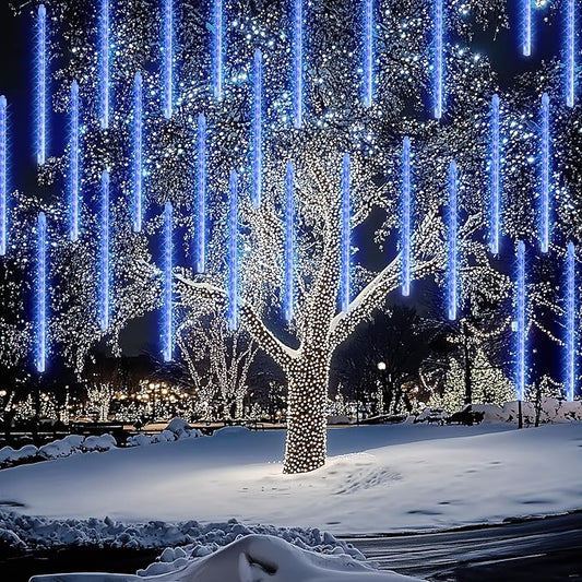 FUNPENY Meteor Shower Rain Lights, 864 LED Christmas Lights Icicle Snow Falling Christmas Lights Outdoor Raindrop Lights, 30cm 24 Tubes Xmas Tree Holiday Decoration (Blue)