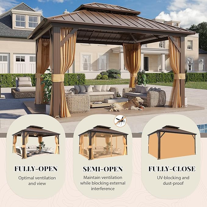 YOLENY 10' x 12' Gazebo Hardtop with Aluminum Frame,Galvanized Steel Double Roof Gazebos with Curtain and Netting,Outdoor Metal Pergolas for Garden, Lawn, Deck, Brown