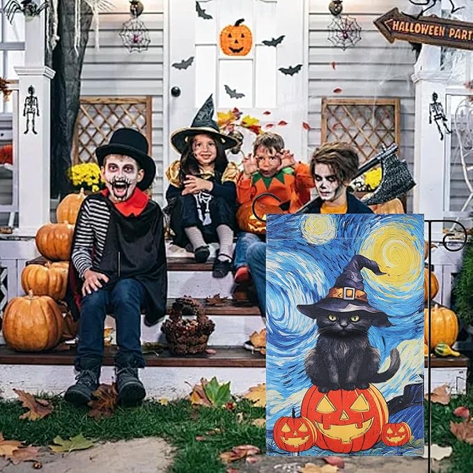 Halloween Garden Flag - Halloween Decorations Outdoor, Yard Flag for Outdoor Holiday Home Decor, Double Sided 12x18 Inch - Black Cat