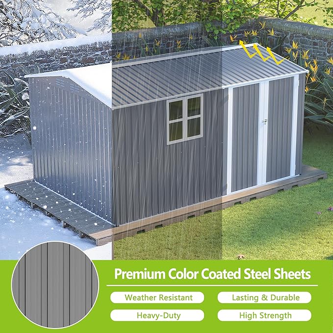 8x12 Ft Storage Shed Outdoor, XL Heavy-Duty Steel Building with Window – Features Hinged Gray Doors & 4 Air Vents for Backyard, Garden, Patio (Gray)