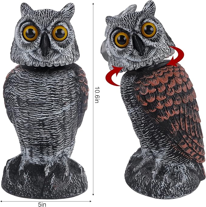 Hausse 2 Pack Bird Scarecrow Fake Owl Decoy Sculpture, Rotating Head Plastic Owl Bird Deterrents, 10.6 Inch Height Nature Enemy Horned Pest Repellent for Outdoor Garden Yard
