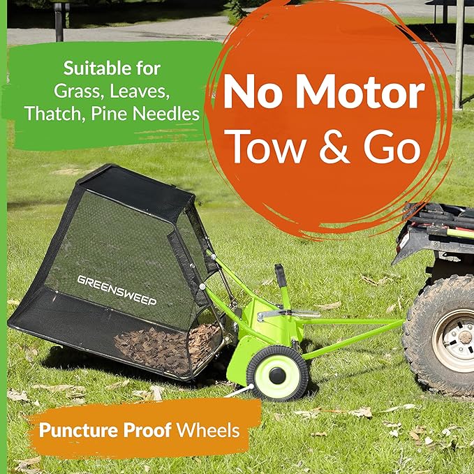Pickup Tow 42-Inch Lawn Sweeper – Tow-Behind Leaf Collector for Ride-On Mowers – Adjustable Brush Height – Large Grass Catcher Hopper – Garden Debris Sweeper Attachment