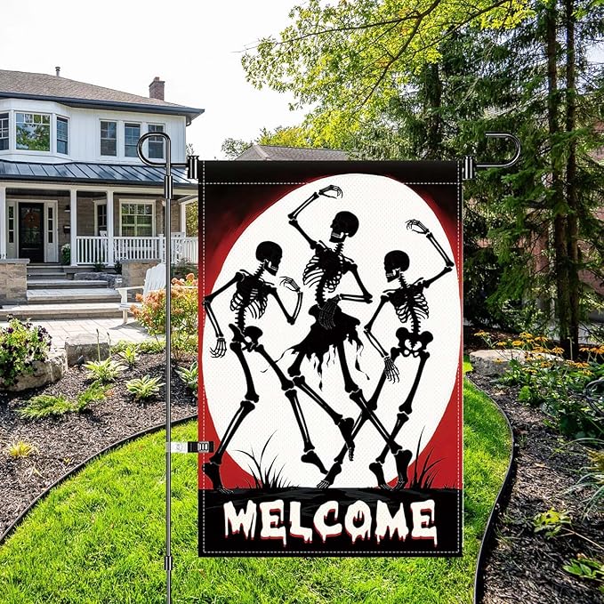 Halloween Skull Welcome Garden Flags 12 x 18 Inch Dancing Skeleton Flag Double Sided Gothic Outdoor House Yard Banner Farmhouse Holiday Outside Decoration Yard Flag