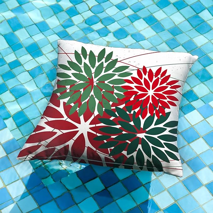 DFXSZ Outdoor Pillow Covers 18x18 Inch Set of 2 Red Green Flower Decorative Waterproof Summer Outdoor Pillow Covers for Patio Funiture Garden Couch 168P18