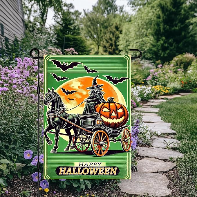 Halloween Horror Garden Flag 12x18 Inch Witch Carriage Pumpkin Moon Flag Outdoor Yard Decorations House Banner Porch Lawn Patio Home Decor