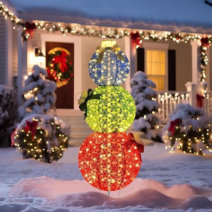 VEIKOU 5 FT Pop-Up Lighted Stacked Christmas Ornaments with 210 Warm White LED Lights & 4 Ground Stakes, Collapsible Christmas Light Ornaments for Backyard, Lawn, Garden