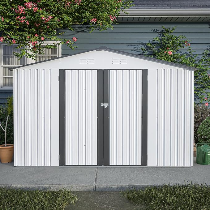 Spacious 10x8 Ft Outdoor Storage Shed with Double Doors – Durable White Resin Construction for Yard Tools, Equipment, Weather-Resistant (White, 10 x 8 ft)