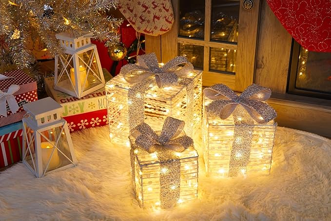 Set of 3 Christmas Lighted Gift Boxes, Plug-in 140 LED Light Up Present Boxes for Christmas Decorations Indoor Home Porch Wedding Holiday Birthday Party (Silver Bow)