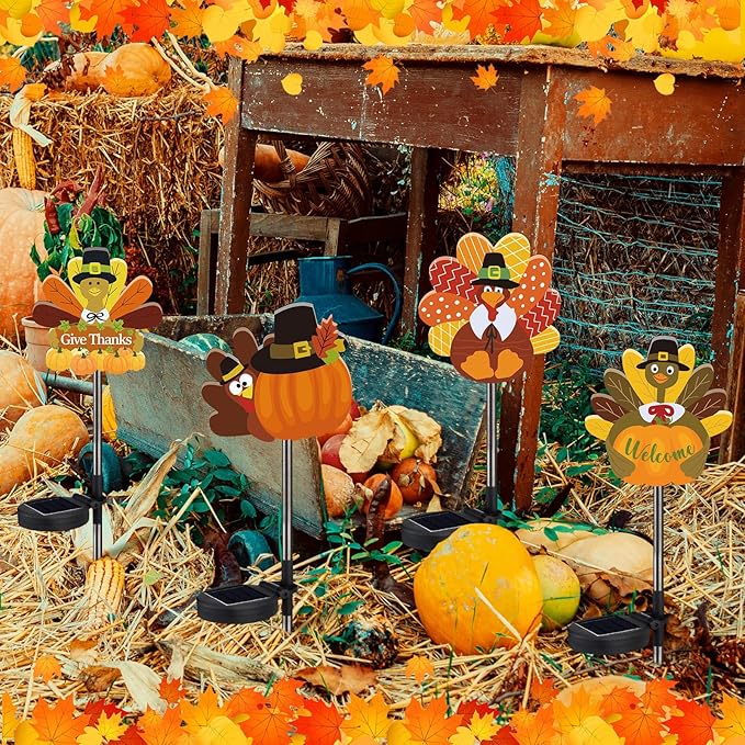 Retisee 4 Pack Thanksgiving Turkey Outdoors Cute Solar Lights Multicolor Patterned Solar Waterproof Lights Outdoor Yard Decorations Pathway Lawn Porch Fall Party Supplies for Home Yard Party Favors