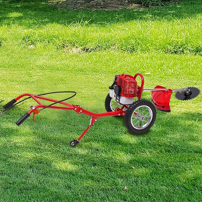 49CC Gas Powered Lawn Mower Two Stroke Hand Push Weeder 2 in 1 Lawn Mower Trimmer with Weeding Blade & 2 Loosening Blades 1.8Kw Walk Behind Lawn Mower for Home, Yards, Gardens, Small Farms