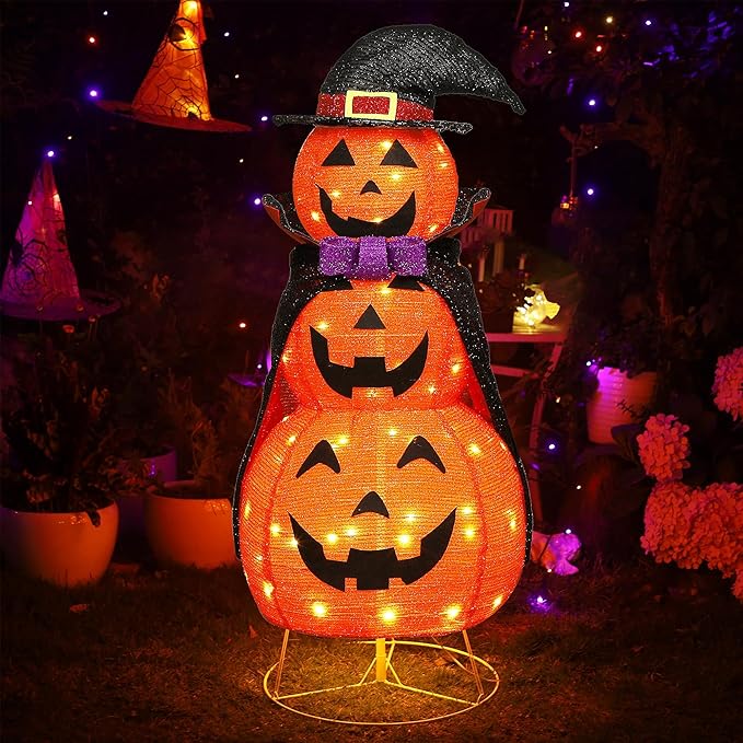 Lulu Home 3.5FT Light Up Halloween Decoration, 60 LED Collapsible Stacked Pumpkins with Vampire Cloak, Plug-in Pre-lit Jack-O-Lantern Front Door Porch Indoor Outdoor Decoration