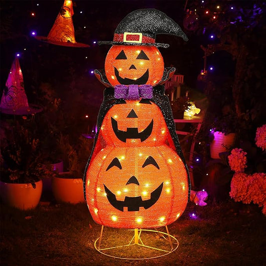 Lulu Home 3.5FT Light Up Halloween Decoration, 60 LED Collapsible Stacked Pumpkins with Vampire Cloak, Plug-in Pre-lit Jack-O-Lantern Front Door Porch Indoor Outdoor Decoration