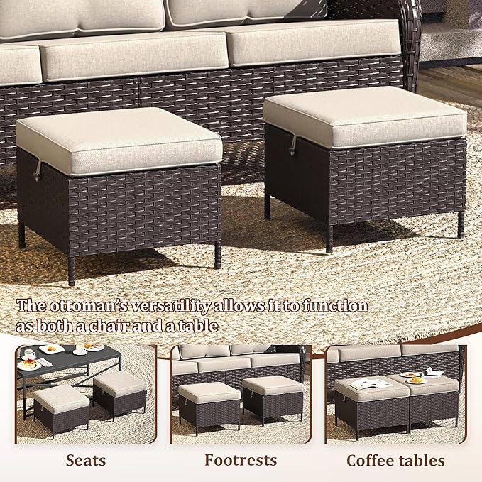 Outdoor Patio Ottoman Set of 2, All Weather Rattan Wicker Ottoman Seat, Outdoor Footstool Footrest Seat for Patio, Backyard, Poolside, Garden