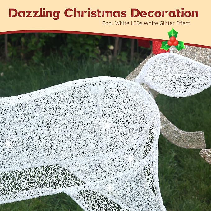 4.5Ft Lighted Reindeer Outdoor Christmas 2D Deer Family Sets Outdoor Reindeer Christmas Yard Decoration with LEDs/Stakes/Zip Ties for Holiday Patio Lawn Garden