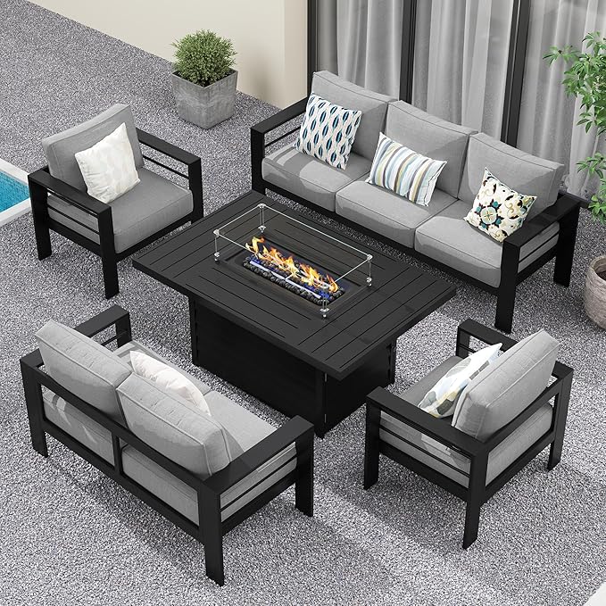 Solaste Aluminum Patio Furniture Set with Fire Pit Table, 5 Piece Metal Outdoor Furniture with Water-Resistant Cushions, Modern Patio Conversation Set for Balcony, Front Porch, and Backyard, Black
