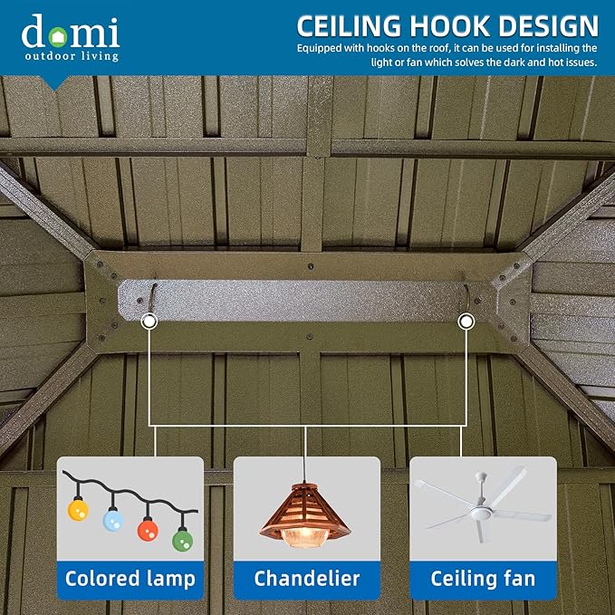 Domi Outdoor Living 12’x14’ Hardtop Gazebo, Wooden Coated Aluminum Frame Canopy with Galvanized Steel Double Roof, Outdoor Permanent Metal Pavilion with Curtains and Netting for Patio, Deck and Lawn
