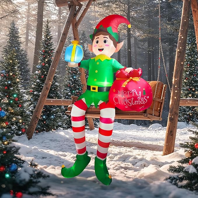 10FT Christmas Inflatable Outdoor Decoration, Sitting Elf Inflatable Christmas Blow up Yard Decorations with LED Lights, Elf Outdoor Decoration for Garden Lawn Roof
